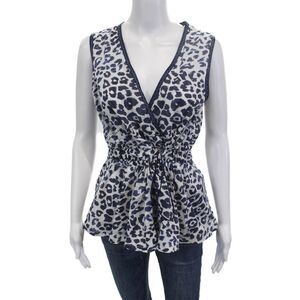 Sportmax Code Womens Sleeveless V-Neck Leopard Cotton Blouse Blue Size 10